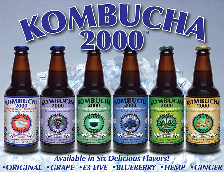 Kombucha 2000
                  Available in 6 Delicious Flavors Original, Grape, E3
                  LIVE, Blueberry, Hemp, Ginger